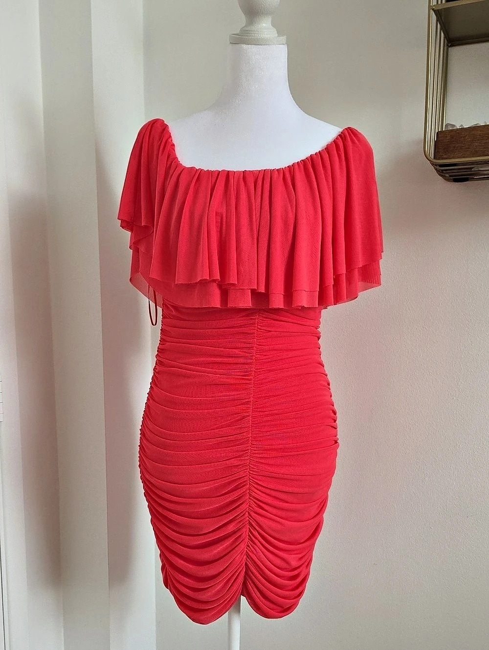 AFRM Ruched Off-Shoulder Mini Dress in Coral Strawberry